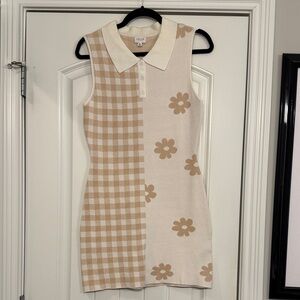 Le Lis Beige and Cream Floral Checkered Sweater Mini Dress, Size M